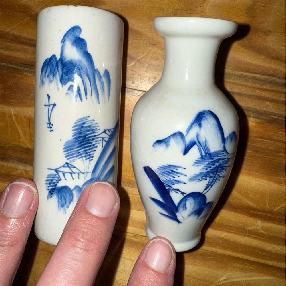 Vintage Chinese Blue & White Hand Painted Miniature base Vase Set (2)